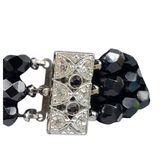 Fauceted Jet Bead Multistrand Bracelet Rhinestone Clasp Vintage 1930s Size 7.5 - Picture 11 of 11